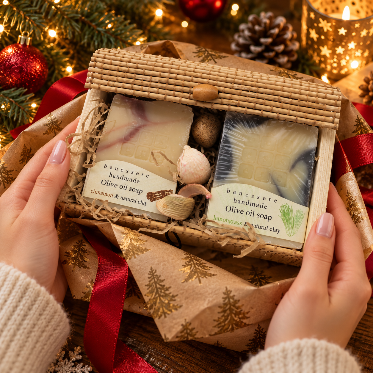Hände packen die Seifen-Geschenkbox zu Weihnachten aus