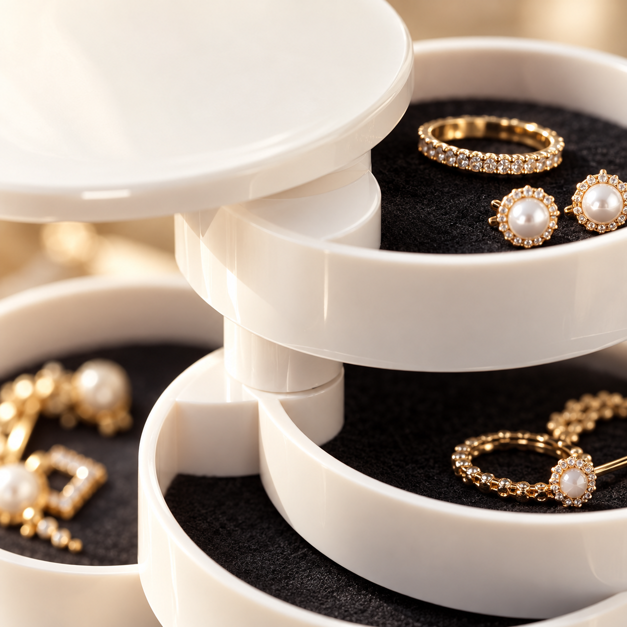 Nahaufnahme der drehbaren Fächer mit Ringen und Ohrringen
