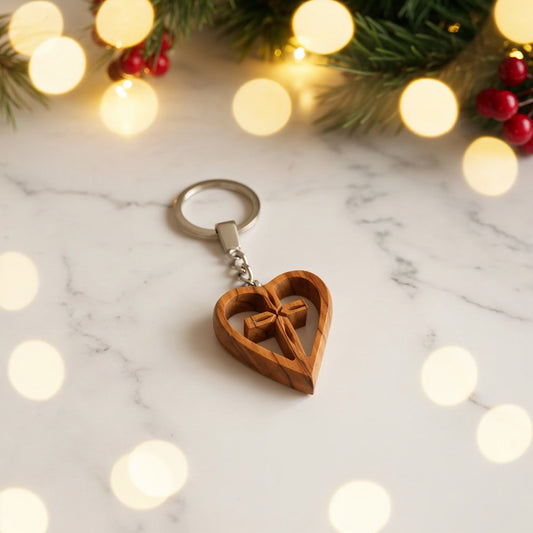 Schlüsselanhänger Kreuz im Herz aus Olivenholz ❤️🌿 Handgefertigt in Bethlehem