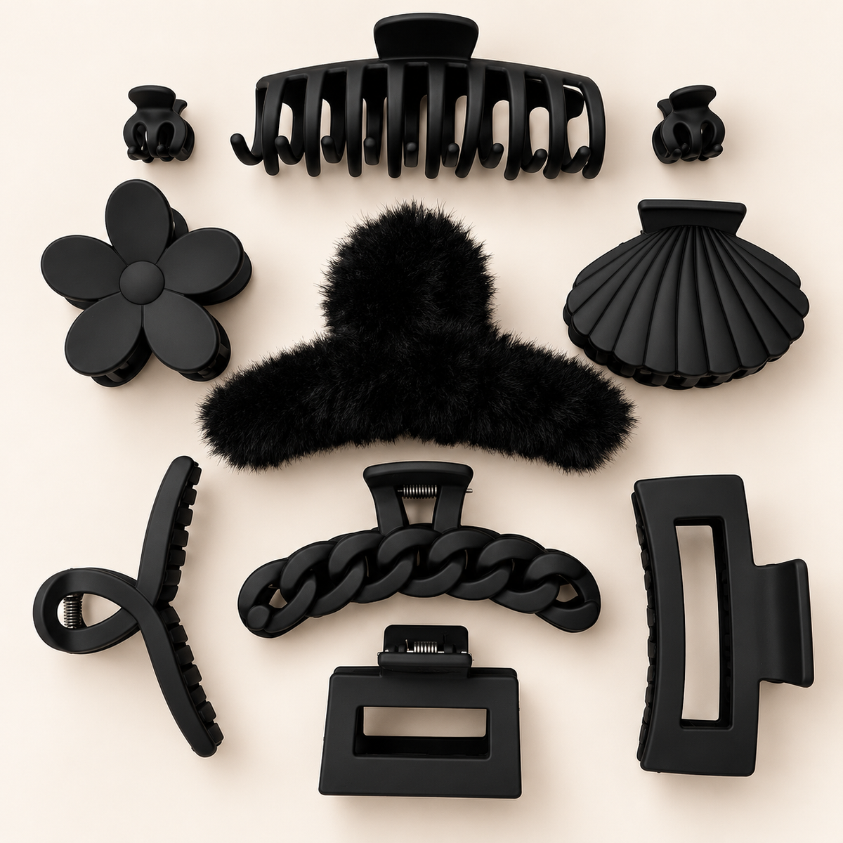 Haarklammern-Set 10-teilig – Schwarz mit Plüsch-Klammer