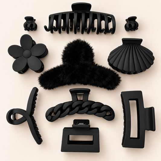 Haarklammern-Set 10-teilig – Schwarz mit Plüsch-Klammer