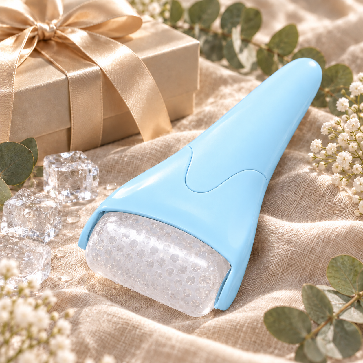Eisroller Gesicht als Geschenk mit Eiswürfeln und Eukalyptus