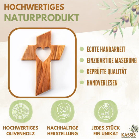 Olivenholz Wandkreuz mit Herz ❤️ – Handgeschnitzt & Bedeutungsvolles Geschenk
