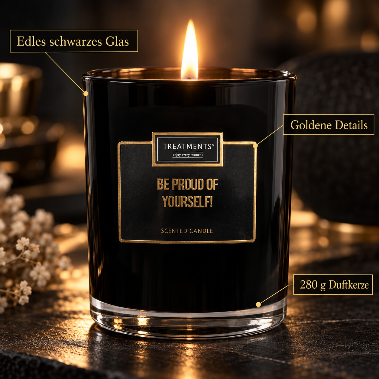 Detailansicht: schwarzes Glas mit goldenen Details