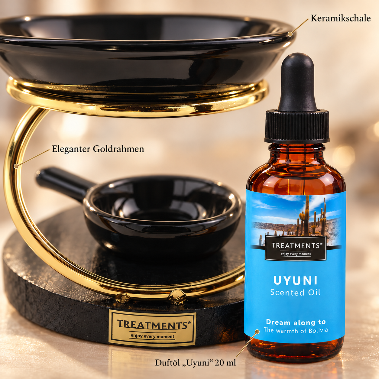 Detailansicht: Duftöl Uyuni 20 ml, Keramikschale und Goldrahmen