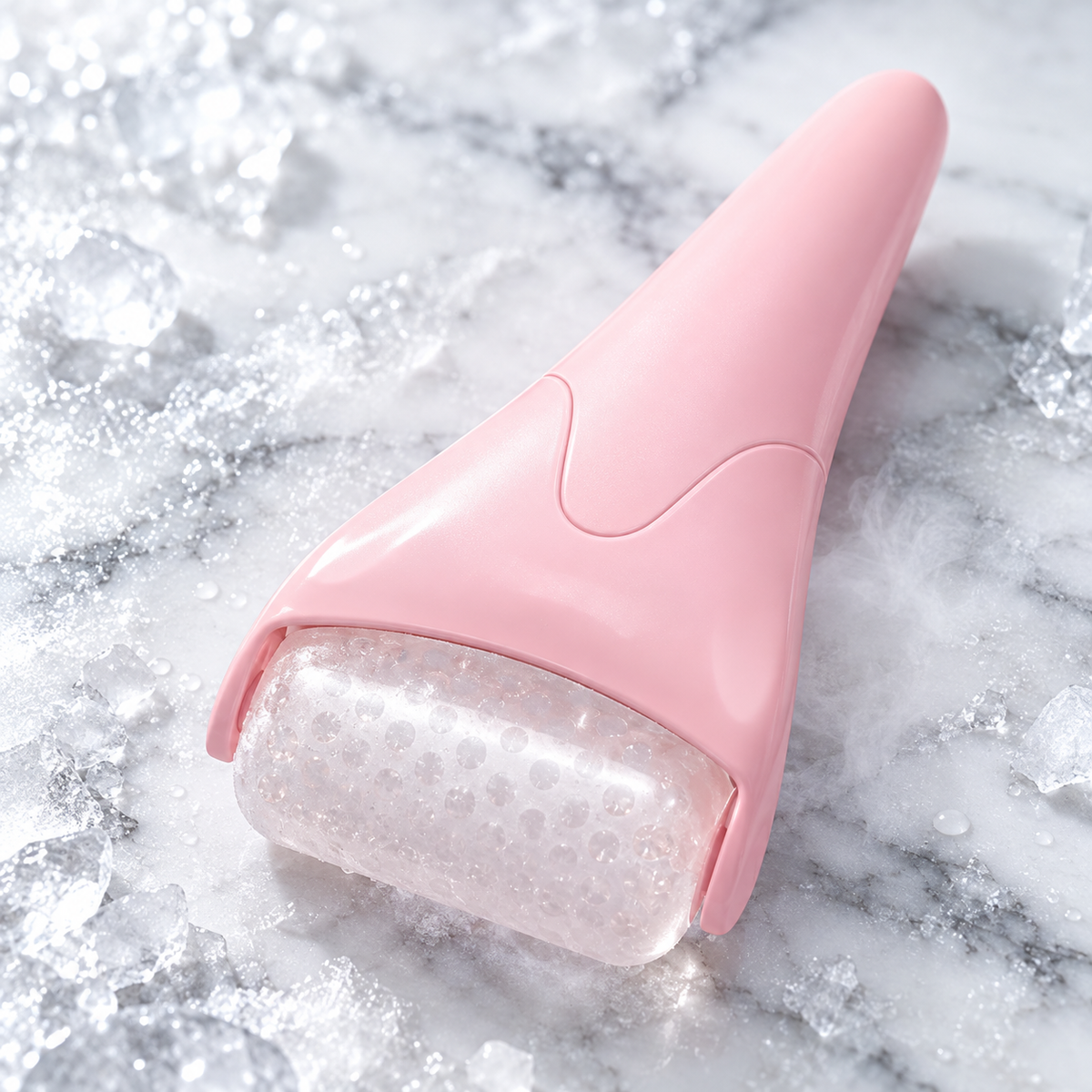Eisroller fürs Gesicht in Rosa auf Eiswürfeln
