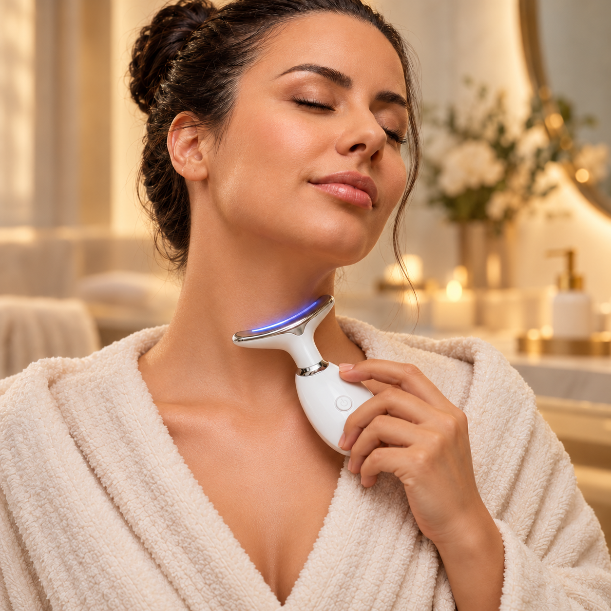Frau massiert Hals und Dekolleté mit dem Massager