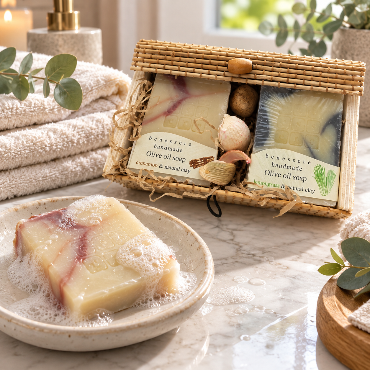 Seifen-Geschenkbox im Spa-Badezimmer mit Seife auf Schale