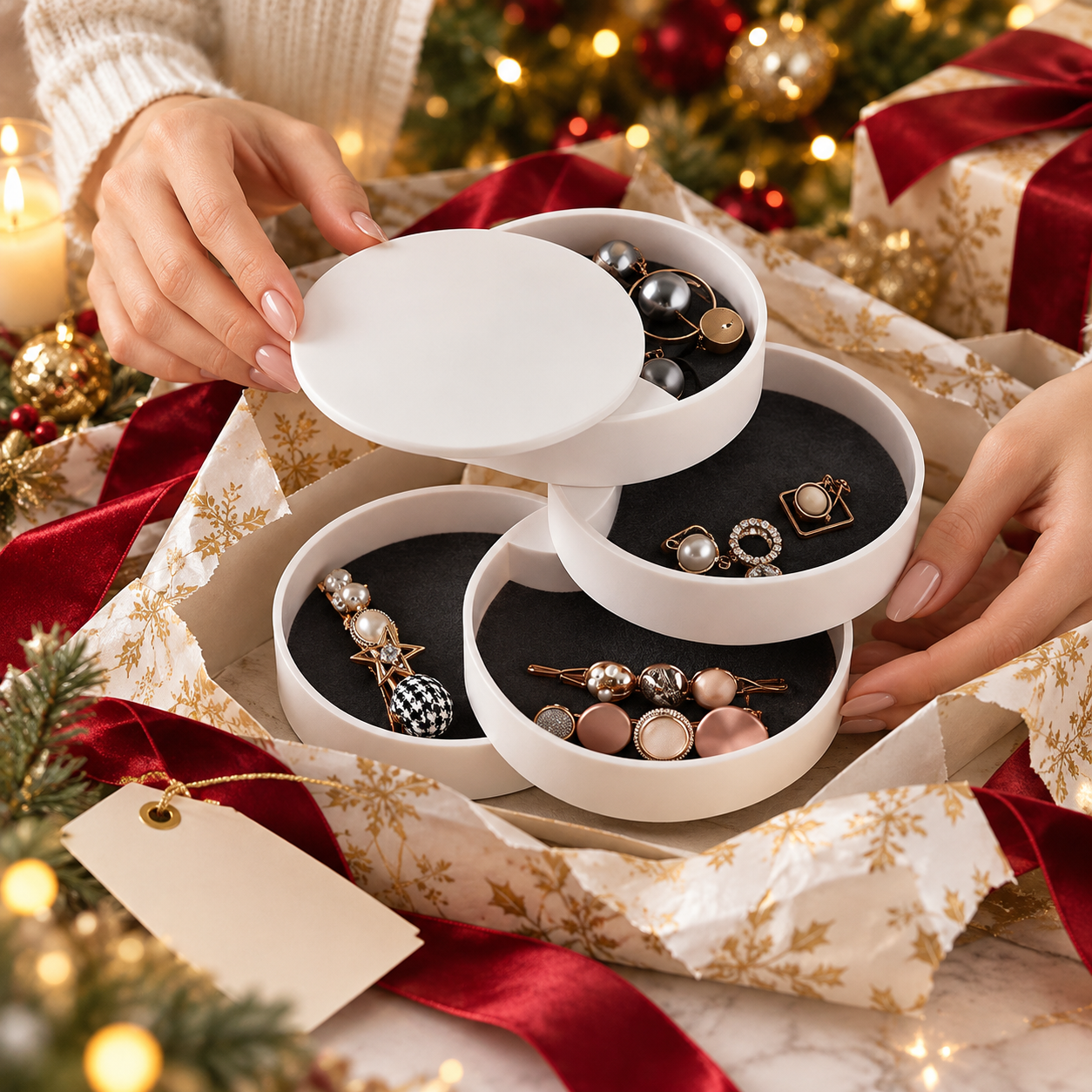 Schmuckkästchen wird als Weihnachtsgeschenk ausgepackt